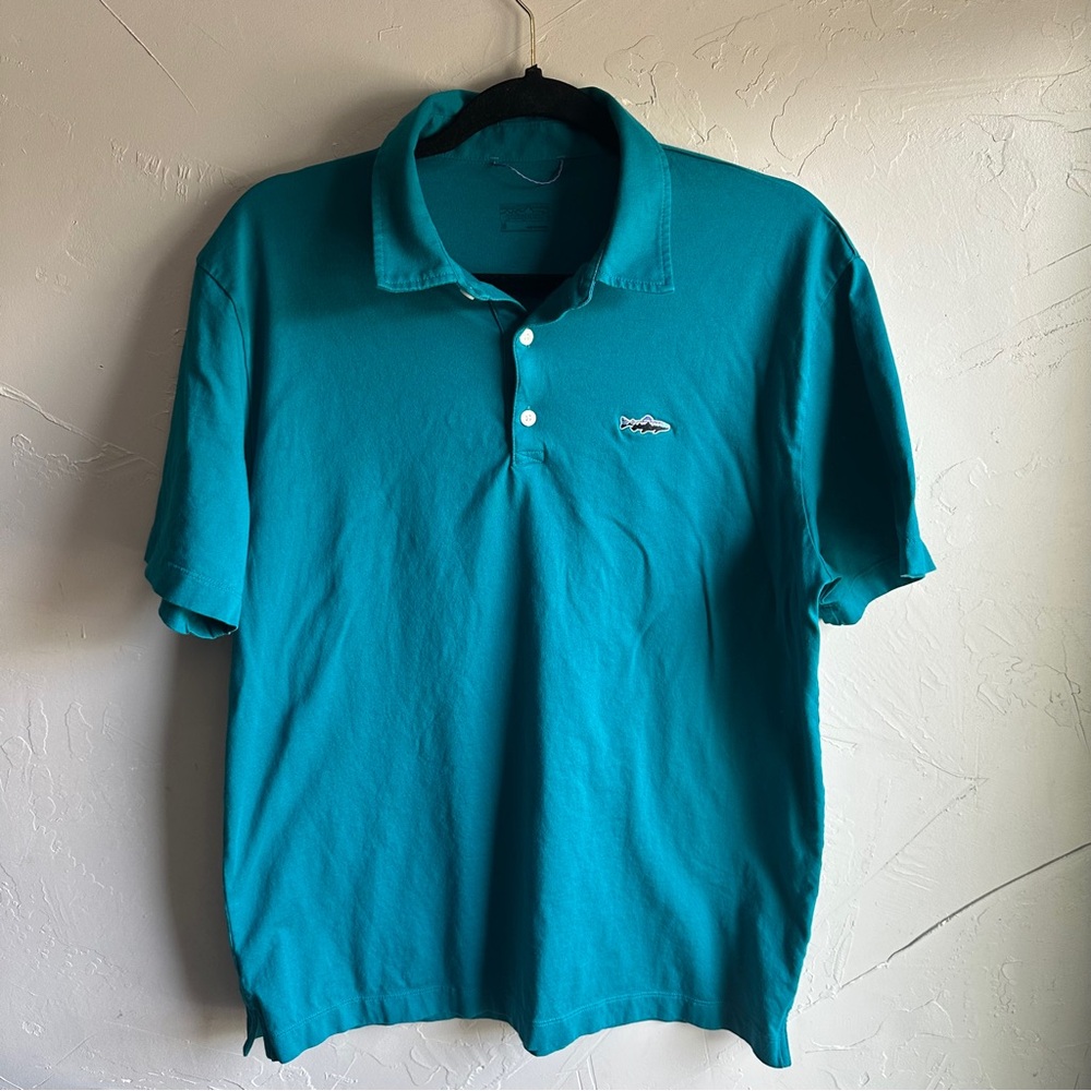 Patagonia Men's Polo - Trout Fitz Roy Organic Cotton Bright Teal Sz M‎